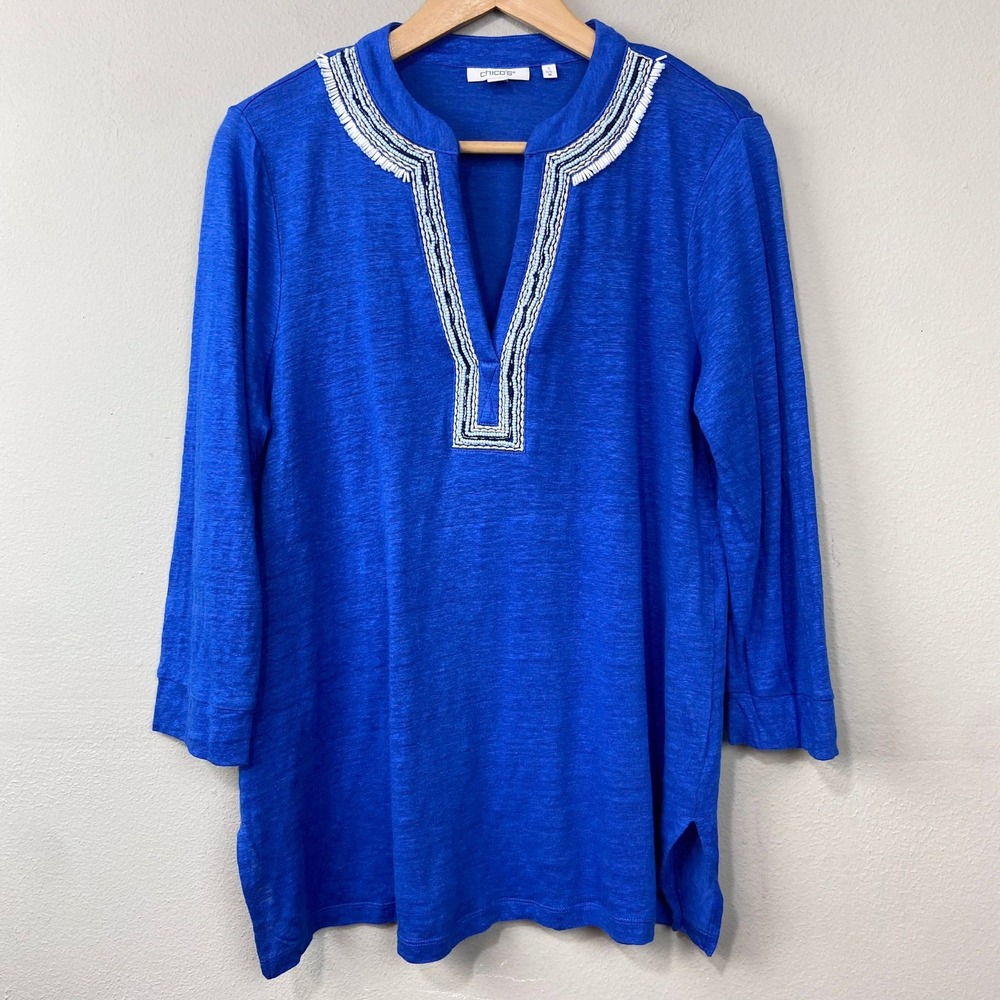Chico's Embellished Linen Tunic Top Size M 1 Cobalt Blue Slub Knit Beaded Resort